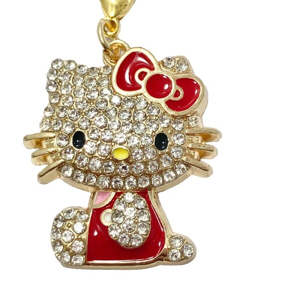 Hello Kitty Crystal Bling Charm Clip On Zipper Pull Bag Purse Red Bow Enamel - Picture 2 of 9